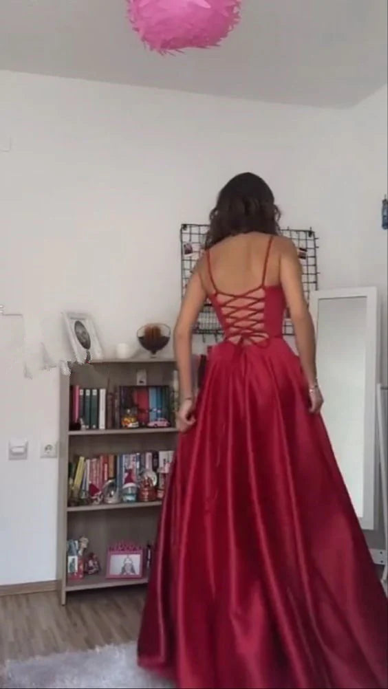 TingPo Wholesale Vintage A Line Straps Floor Length Red Prom Dresses